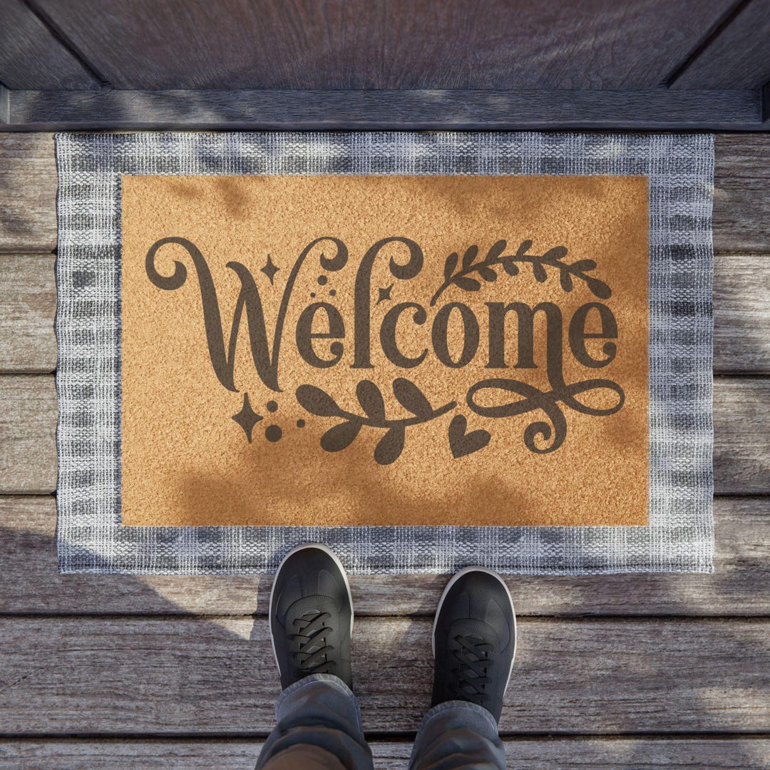 Welcome Script Doormat Natural Coconut Coir Welcome Mat With Leaf ...