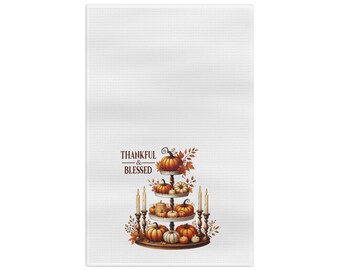 Paño de cocina de microfibra con diseño de calabaza y vela para Acción de Gracias y otoño: "Agradecido y bendecido".