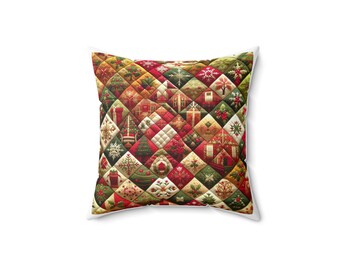 Puede incluir: Cojín cuadrado con un diseño navideño acolchado. El cojín presenta un patrón de patchwork de cuadrados rojos, verdes, dorados y blancos, cada uno con motivos festivos como árboles de Navidad, copos de nieve y regalos. Tiene un borde blanco.
