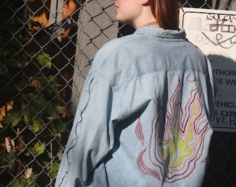 Hand Painted Flame Denim Button Up