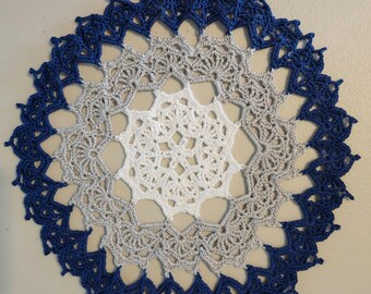 Royal blue and sparkling silver and white doily - 8.5 inches
