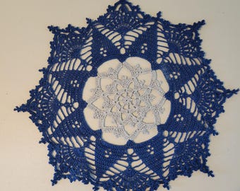 Royal blue and sparkling silver doily - 15 inches