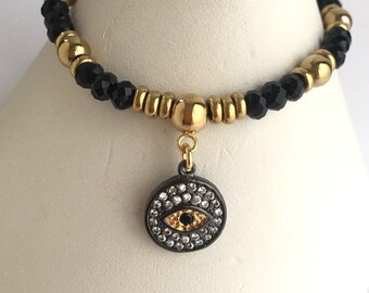 Black Facet Jet Beads,  Evil Eye Charm with Pave CZ's