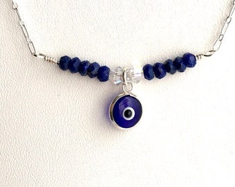 Evil Eye Bar Pendant with Faceted Lapis Lazuli Gemstones