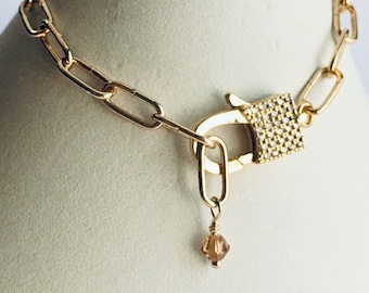 Paper Clip Style Bracelet, with CZ Padlock, 14K Gold Filled