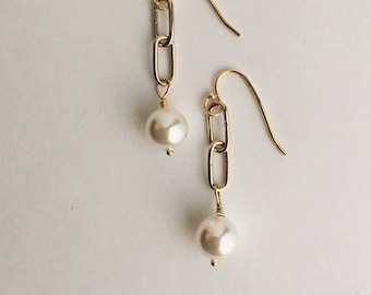 Paper Clip Chain Links Earrings- 14K Gold Filled with Pearls & Vermeil Ear Wires