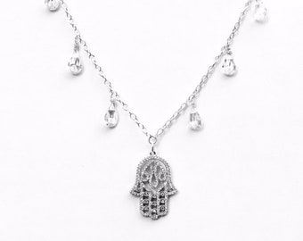 Hamsa Necklace/Sterling Silver/CZ/ Artisan Hand made Wire Wrap Briolettes/Show Stopper Jewelry