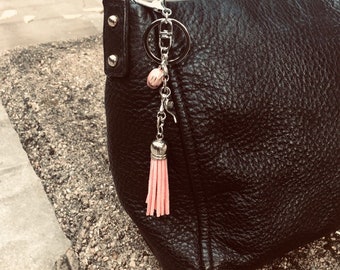 Pink Hard Hat & Suede Tassel with Tape Measure Charm Key Ring