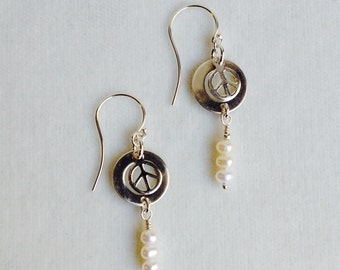 Peace Mobile & Freshwater Pearl Sterling Silver Earrings