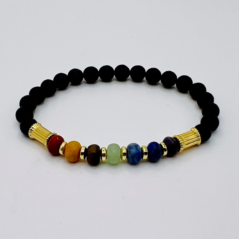 Chakra Gemstones, Black Onyx Bracelet, Gold Bead Accents, Steampunk, LGBTQ Gifts image 2