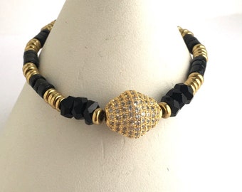 Black Onyx, Gold Pave Focal Bead, Stretch Bracelet