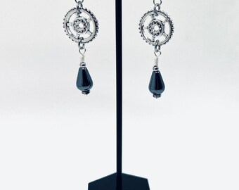 Gears & Hematite Tear Drop Gemstone Earrings/Stainless Steel Lever Backs