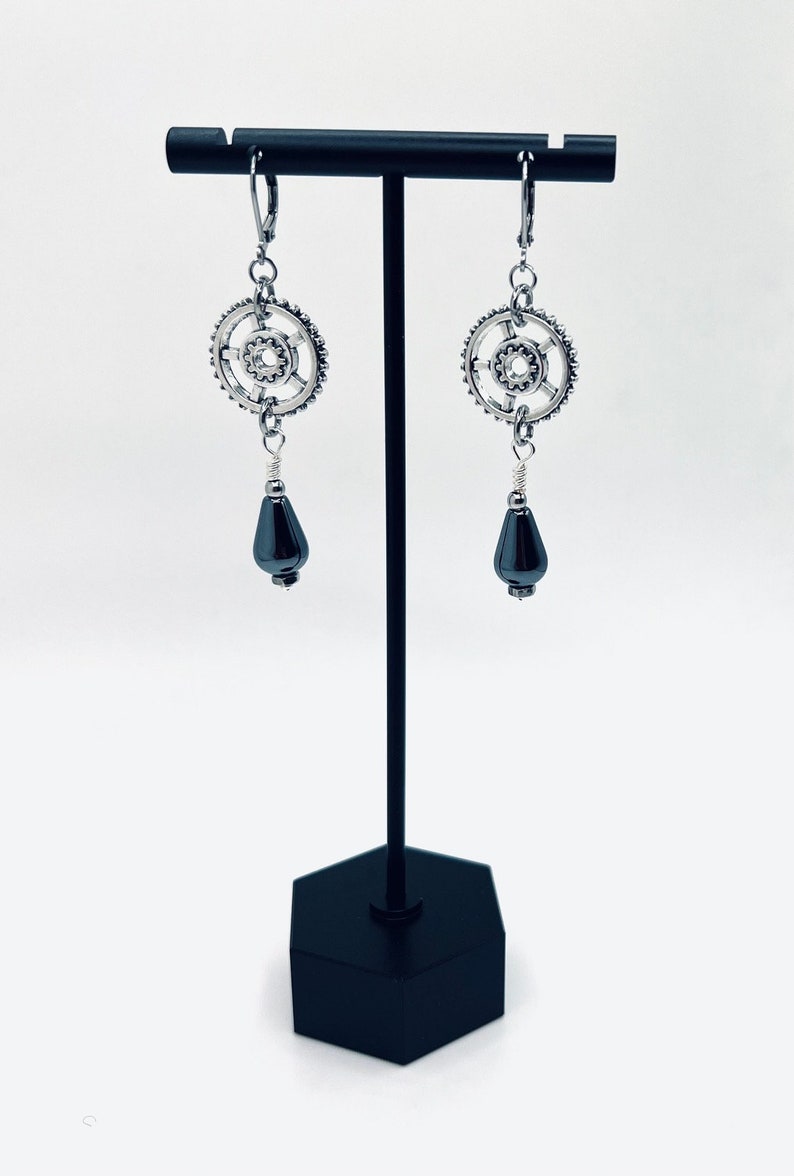 Gears & Hematite Tear Drop Gemstone Earrings/Stainless Steel Lever Backs image 1