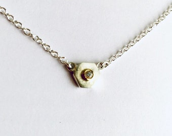 Hex Nut Pendant, Sterling Silver/ with 18Kt Gold and a Cubic Zirconia/Construction Jewelry