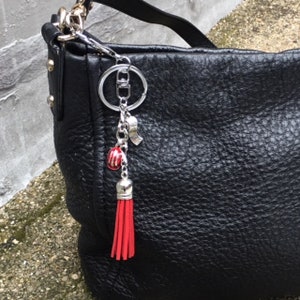 Red Hard Hat & Suede Tassel with Tape Measure Charm Key Ring image 1