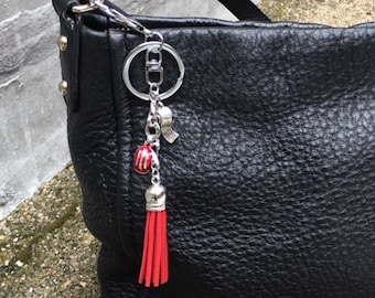 Red Hard Hat & Suede Tassel with Tape Measure Charm Key Ring