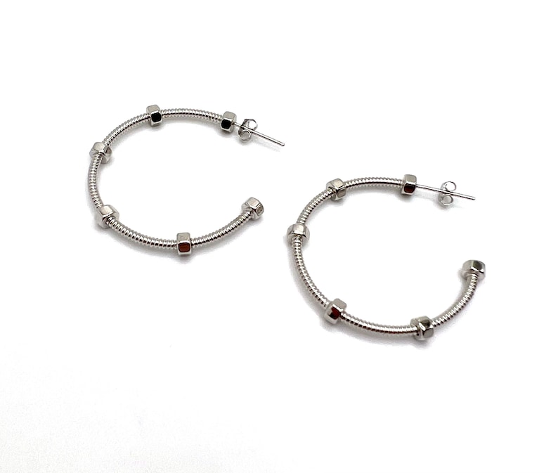 Threaded Rod & Baby Nuts, Sterling Silver, Hoop Earrings, 30mm Diameter image 1