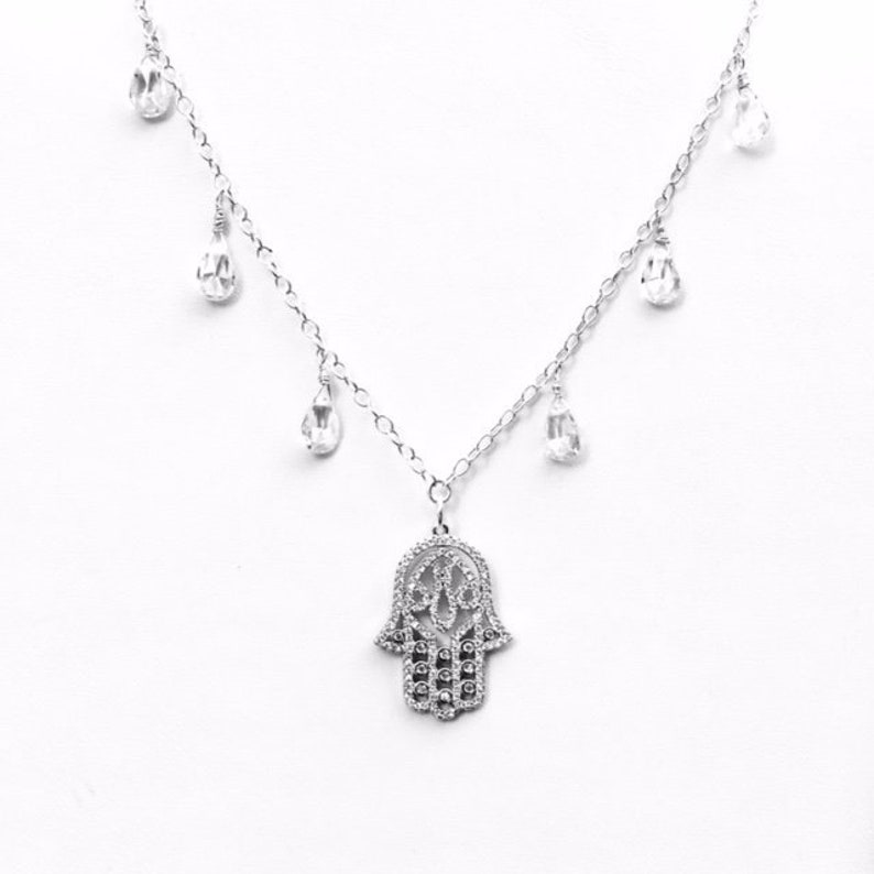 Hamsa Necklace/Sterling Silver/CZ/ Artisan Hand made Wire Wrap Briolettes/Show Stopper Jewelry image 1