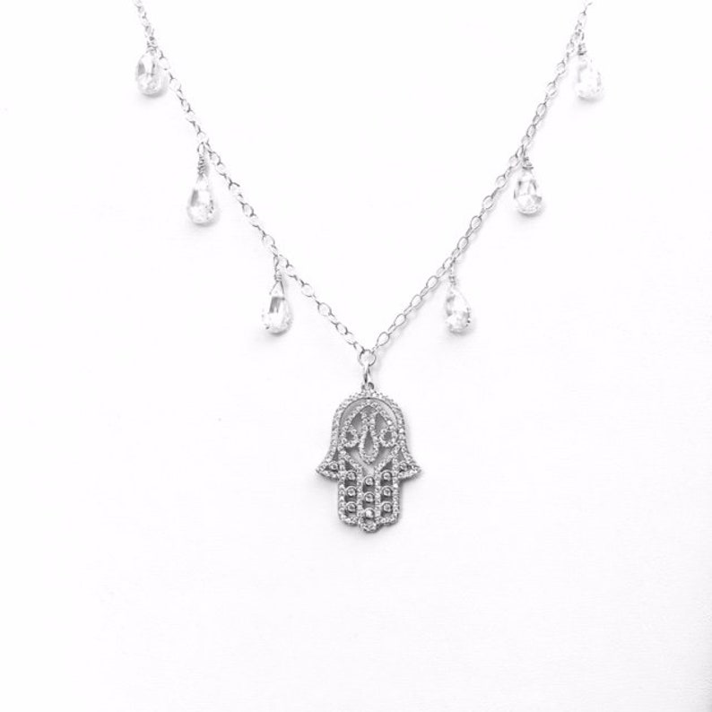 Hamsa Necklace/Sterling Silver/CZ/ Artisan Hand made Wire Wrap Briolettes/Show Stopper Jewelry image 2