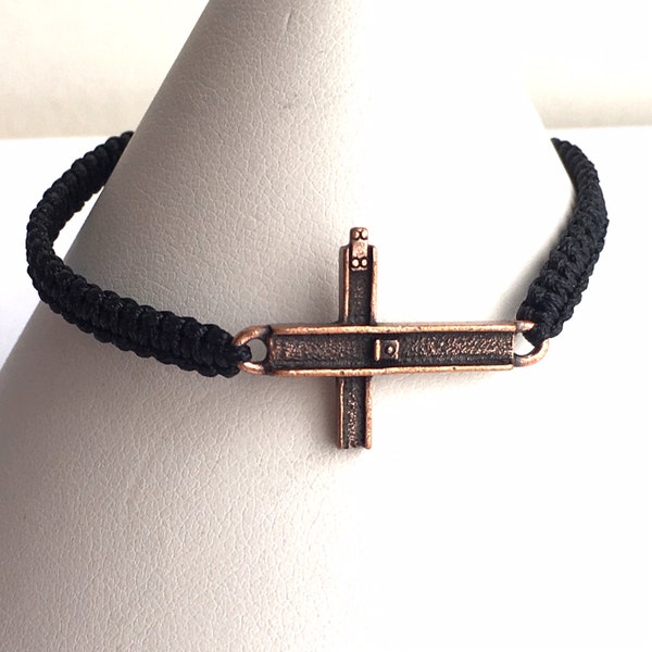 Ground Zero  Small Bronze Cross/ 9-11 Cross/Sideways Macrame Bracelet/ 9-11 Memorial/ We Will Never Forget