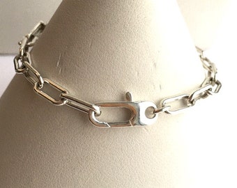 Paper Clip Style Bracelet, Unique Oval Clasp/Solid Sterling Silver Soldered Chain Links