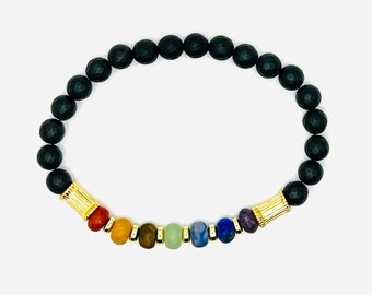 Chakra Gemstones, Black Onyx Bracelet,  Gold Bead Accents, Steampunk, LGBTQ Gifts