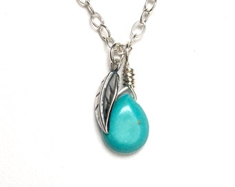 Silver Leaf/Aqua Howlite Briolette/Pendant/December Birthstone