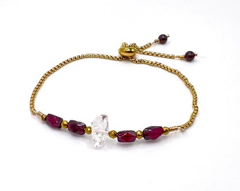 Garnet, Herkimer Diamond/Bolo Bracelet/ Aquarius/ January Birthday/