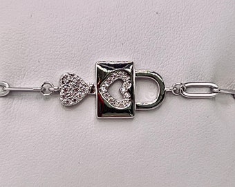 Love Lock Bracelet, 925 Sterling Silver,  PAPER CLIP Style Chain with Pave Cubic Zirconia, 7" inches long Paper Clip Chain,  Adjustable