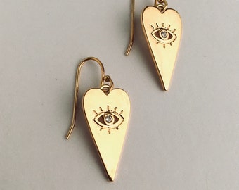 Heart Shaped, Evil Eye Earrings, 18K Gold Filled, Talisman, Amulet, Protection
