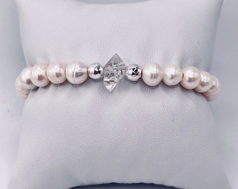 Herkimer Diamond Freshwater Pearls Bracelet, with Sterling Silver Beads