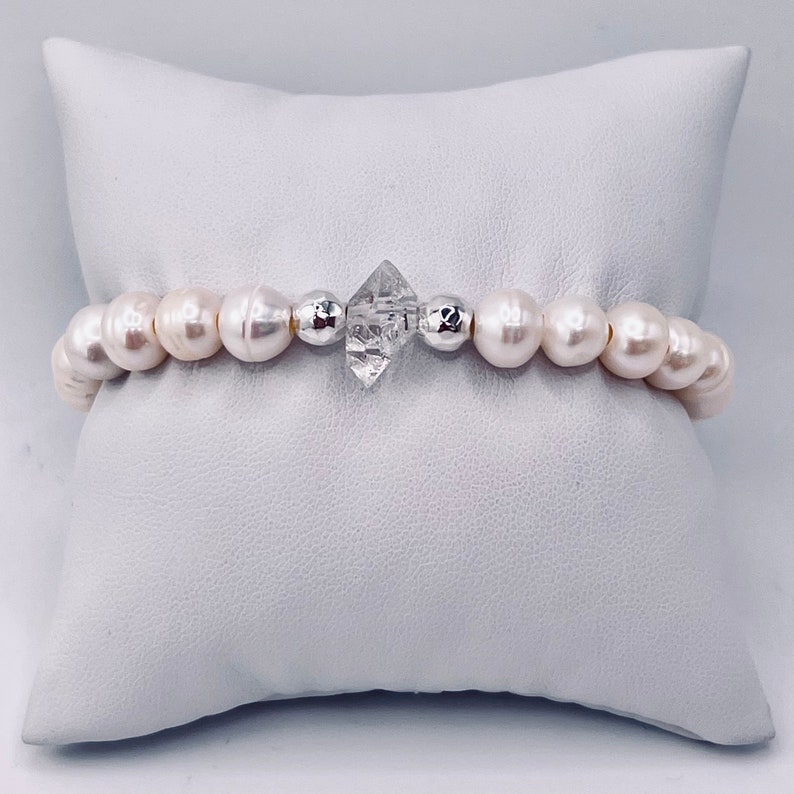 Herkimer Diamond Freshwater Pearls Bracelet, with Sterling Silver Beads image 1