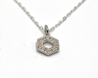 Hexagon Pendant, Cubic Zircons, Sterling Silver, 10mm, on a Sterling Silver 18" Chain