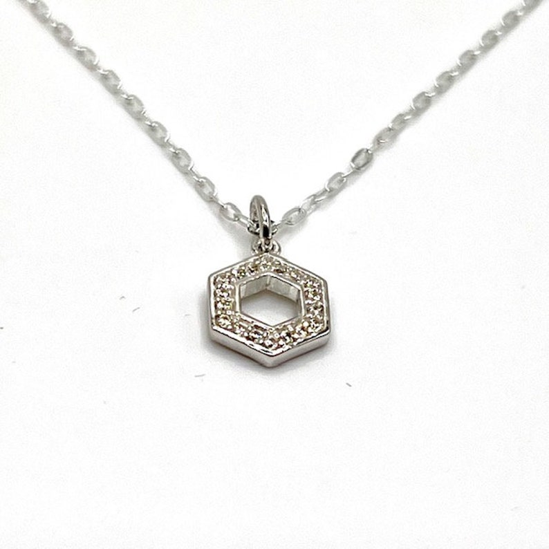 Hexagon Pendant, Cubic Zircons, Sterling Silver, 10mm, on a Sterling Silver 18 Chain image 1