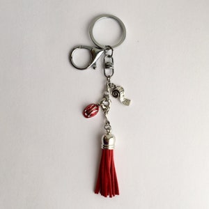 Red Hard Hat & Suede Tassel with Tape Measure Charm Key Ring image 2