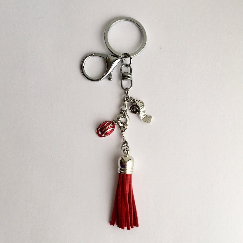 Red Hard Hat & Suede Tassel with Tape Measure Charm Key Ring image 2