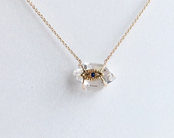 Evil Eye/ Herkimer Diamond/ 14K  Pendant/ 14K Gold Blue Sapphire