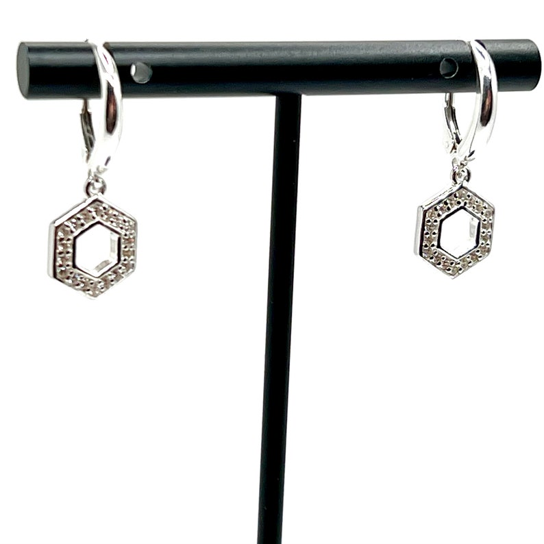 Hexagon Shaped Sterling Silver, Cubic Zircon, Sterling Silver Leverback Earrings image 1