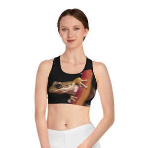 Frog Print Sports Bra | Fitness Apparel, Workout Gear, Activewear for Women, Unique Gym Top, Wild Animal Lover Gift