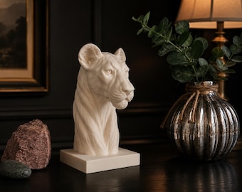 Modern Lioness Bust Sculpture | Minimalist Lion Decor | Animal Statue | Safari Shelf Decor | Office & Home Accent