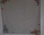Vintage Tablecloth or Topper in White Linen with Crochet Edge and Floral Embroidered Corners