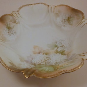 Vintage Hand Painted Porcelain Bowl, Large Bowl, Cream with White Viburnum, Scalloped Raised Detail Edges, Gold Accents. RS Prussia, 10.25&#39;&#39;