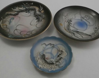 Vintage Saucers and Tiny Plate, Dragon Ware Dishes, Raised Detail Dragon Porcelain, Asian Dragonware Dishes, Japan, 3 Assorted Pieces