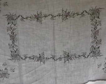 Vintage Tablecloth and 8 Napkins, Ecru Linen Tablecloth with Hemstitch Edges, Purple, Green and Brown Embroidered Grapes, 62 x 48