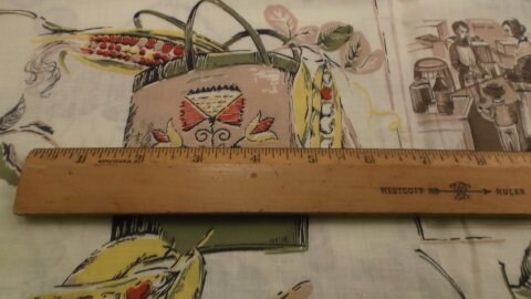 Vintage Fabric, Cotton Fabric, Pale Yellow with Avocado Green Barn Red Tan and Yellow Fruits and Scenes, 35''W, 2 Yds + 28''