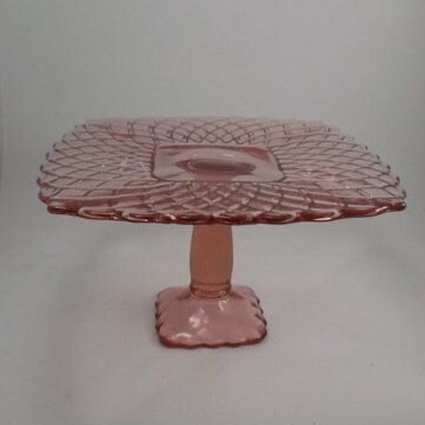 Vintage Cake Stand, Square Pink Glass Cake Pedestal, Heavy, LE Smith Lattice Pattern, 11 1/4''x11 1/4''