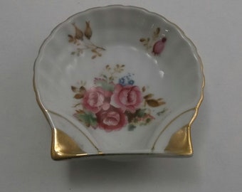 Vintage China Dish, Trinket Dish, Sea Shell Shape, White China with Pink Roses and Gold Accents