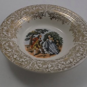 Vintage China Bowl, Small Bowl, White China with Gold Lace Detail Rim and Colonial Couple Scene