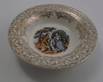 Vintage China Bowl, Small Bowl, White China with Gold Lace Detail Rim and Colonial Couple Scene