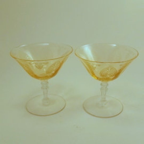 Vintage Stemware, Depression Glass Goblet, Yellow Etched Glass with Clear Stems, Fostoria Trojan Topaz, 4'' wide, 4 1/4'' tall, 2 Pieces